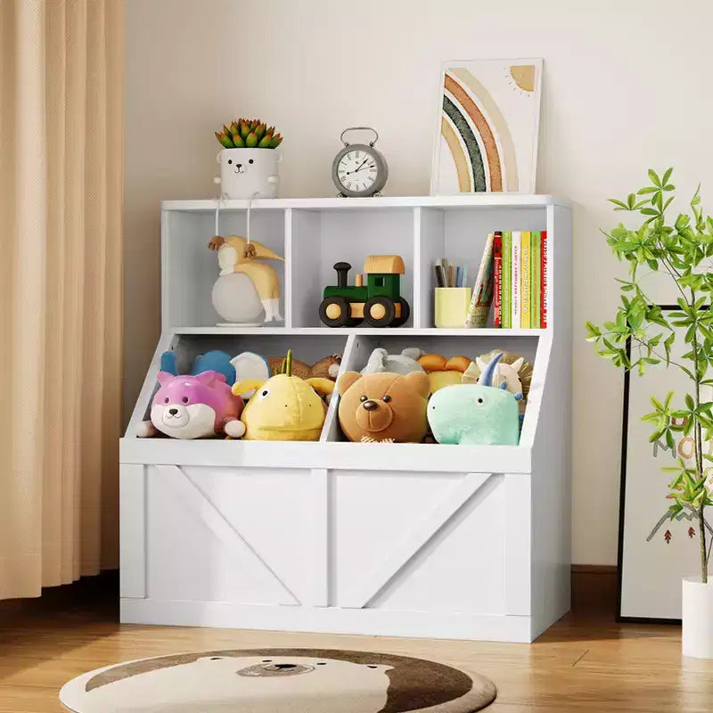 Étagère compacte en bois pour livres d'enfants et organiseur de jouets – 89 cm, 3 étagères ouvertes, 2 bacs de rangement – Bibliothèque à 2 niveaux