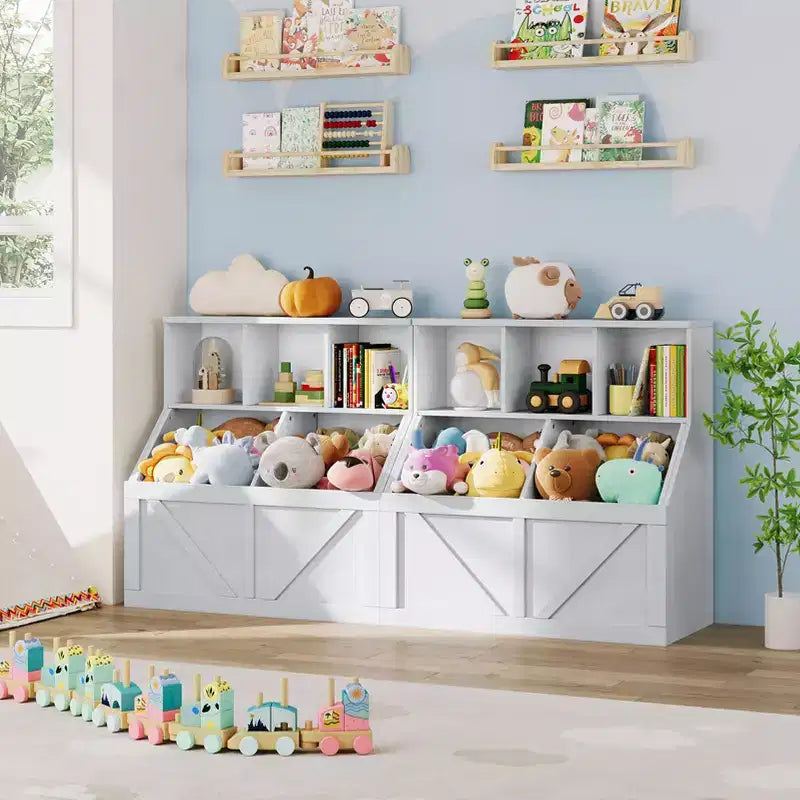 Étagère compacte en bois pour livres d'enfants et organiseur de jouets – 89 cm, 3 étagères ouvertes, 2 bacs de rangement – Bibliothèque à 2 niveaux