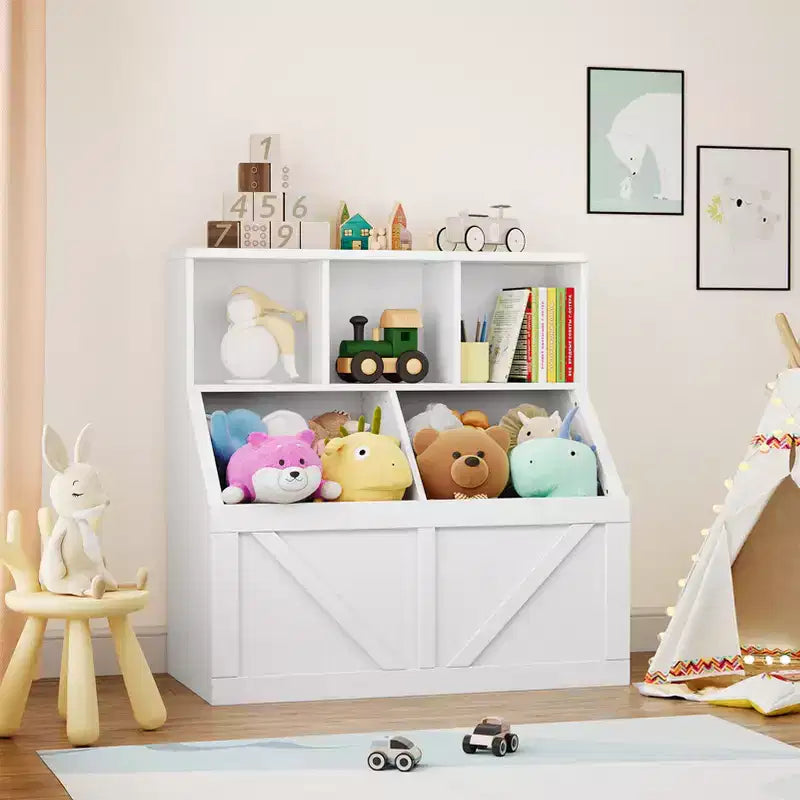 Étagère compacte en bois pour livres d'enfants et organiseur de jouets – 89 cm, 3 étagères ouvertes, 2 bacs de rangement – Bibliothèque à 2 niveaux