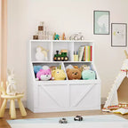 Étagère compacte en bois pour livres d'enfants et organiseur de jouets – 89 cm, 3 étagères ouvertes, 2 bacs de rangement – Bibliothèque à 2 niveaux