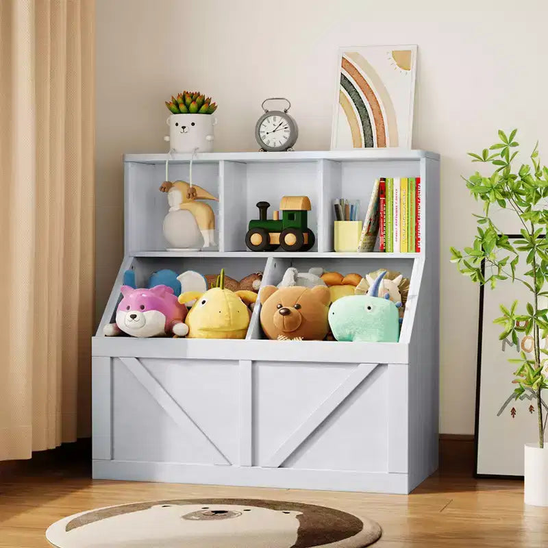 Étagère compacte en bois pour livres d'enfants et organiseur de jouets – 89 cm, 3 étagères ouvertes, 2 bacs de rangement – Bibliothèque à 2 niveaux