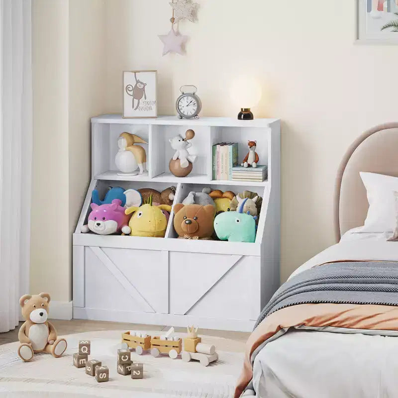 Étagère compacte en bois pour livres d'enfants et organiseur de jouets – 89 cm, 3 étagères ouvertes, 2 bacs de rangement – Bibliothèque à 2 niveaux
