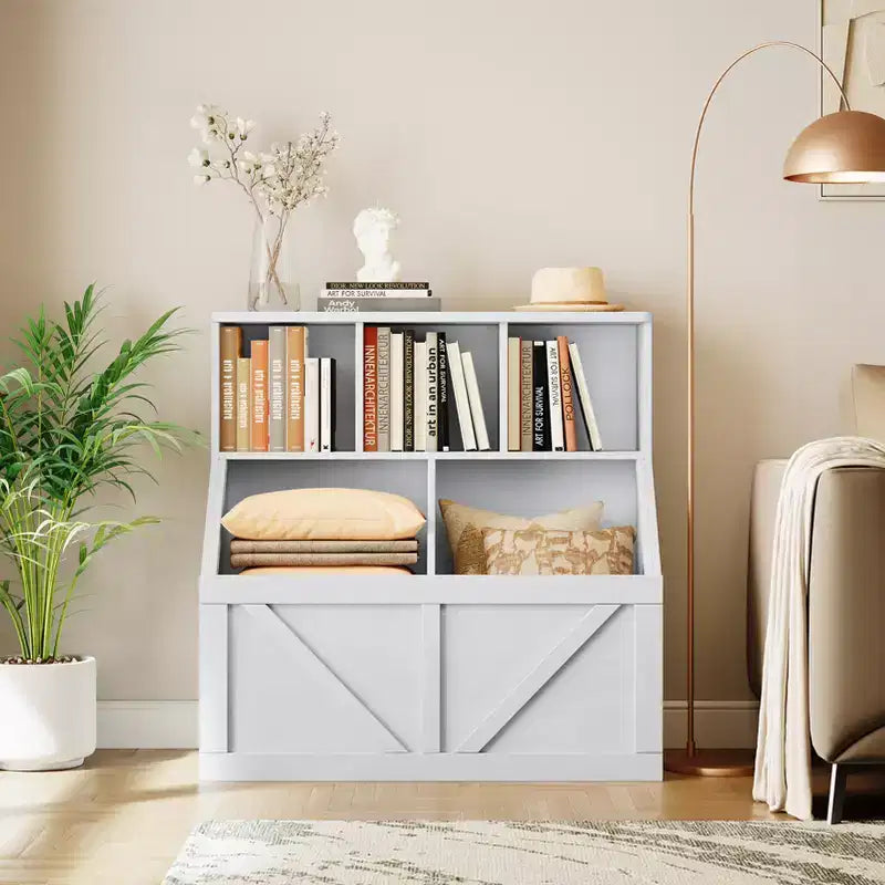 Étagère compacte en bois pour livres d'enfants et organiseur de jouets – 89 cm, 3 étagères ouvertes, 2 bacs de rangement – Bibliothèque à 2 niveaux