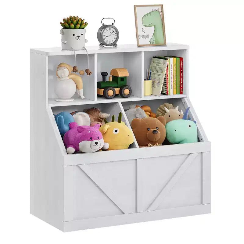 Compact Wooden Kids Bookshelf and Toy Organizer  35-Inch, 3 Open Shelves, 2 Storage Bins  2-Tier Bookcase