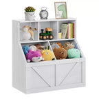 Compact Wooden Kids Bookshelf and Toy Organizer  35-Inch, 3 Open Shelves, 2 Storage Bins  2-Tier Bookcase