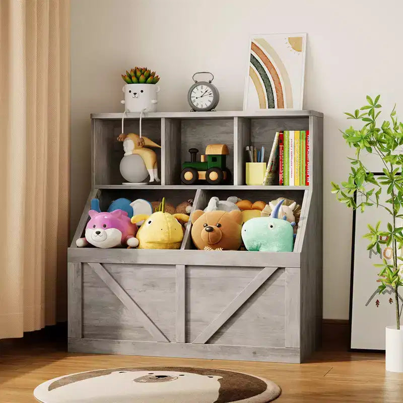 Étagère compacte en bois pour livres d'enfants et organiseur de jouets – 89 cm, 3 étagères ouvertes, 2 bacs de rangement – Bibliothèque à 2 niveaux