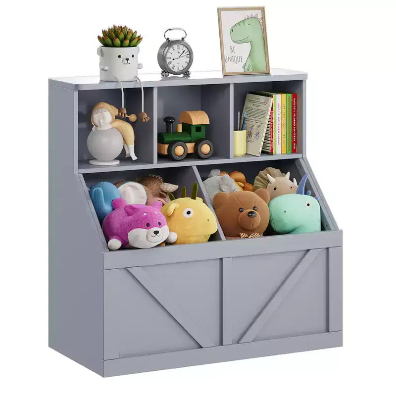Étagère compacte en bois pour livres d'enfants et organiseur de jouets – 89 cm, 3 étagères ouvertes, 2 bacs de rangement – Bibliothèque à 2 niveaux