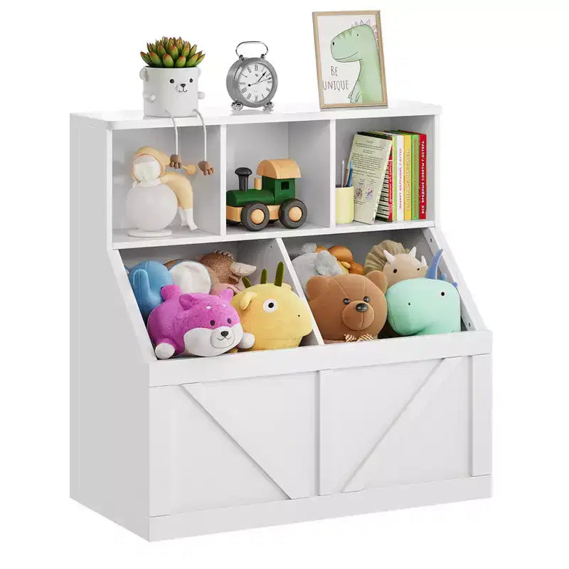 Étagère compacte en bois pour livres d'enfants et organiseur de jouets – 89 cm, 3 étagères ouvertes, 2 bacs de rangement – Bibliothèque à 2 niveaux
