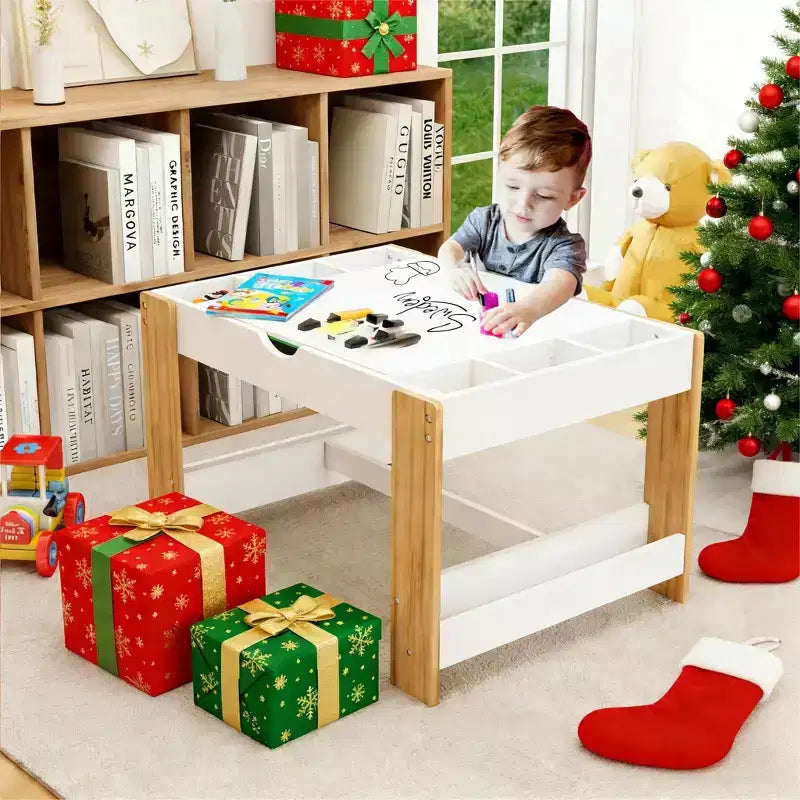 JVNOXK Table de Jeu 2 en 1 pour Enfants avec 7 Compartiments de Rangement, Compatible avec les Blocs de Construction LEGO, Table d'Activités d'Apprentissage Moderne, Meuble de Jeu - Blanc