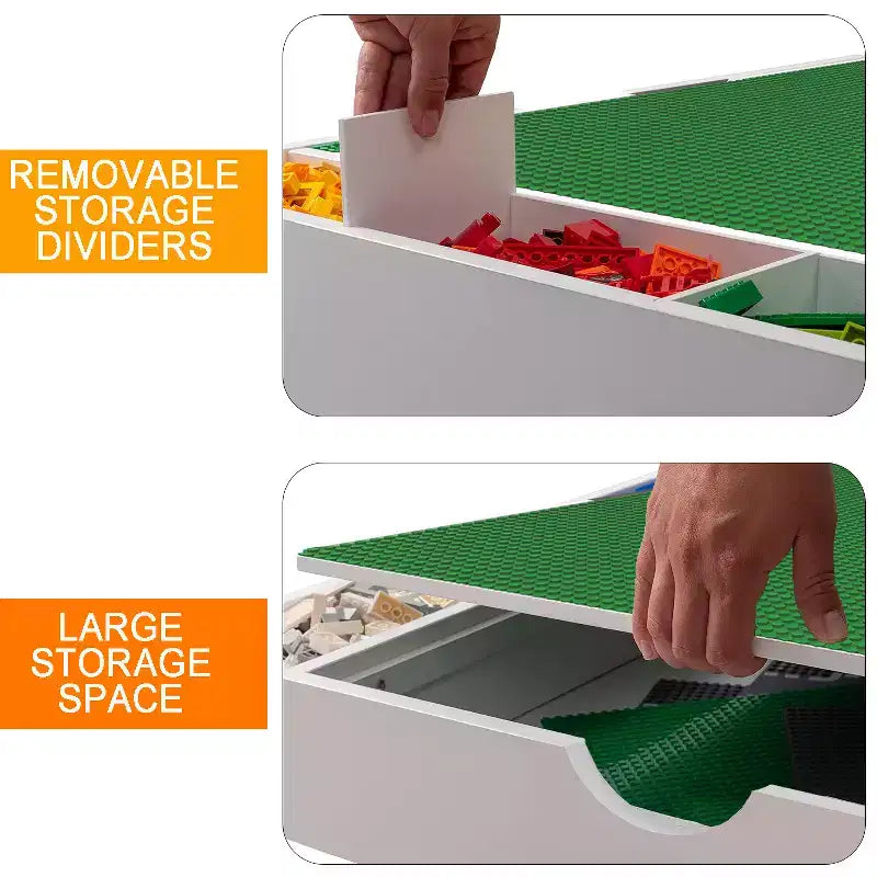 JVNOXK Table de Jeu 2 en 1 pour Enfants avec 7 Compartiments de Rangement, Compatible avec les Blocs de Construction LEGO, Table d'Activités d'Apprentissage Moderne, Meuble de Jeu - Blanc