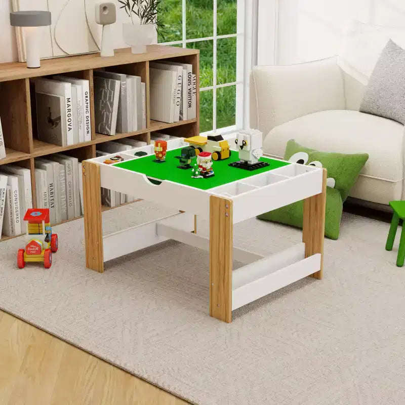 JVNOXK Table de Jeu 2 en 1 pour Enfants avec 7 Compartiments de Rangement, Compatible avec les Blocs de Construction LEGO, Table d'Activités d'Apprentissage Moderne, Meuble de Jeu - Blanc