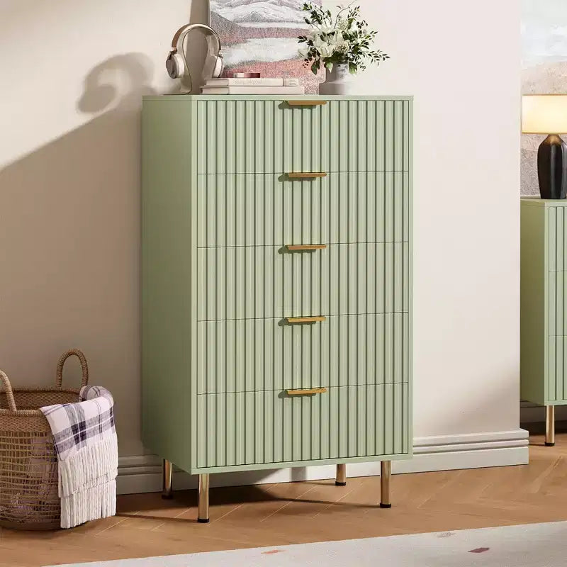 Fluted 5 Drawer Storage Dresser, Tall Modern Chest with Ample Deep Drawers and Wide Top, Wooden Organizer for Living Room, Hallway, and Kids Room