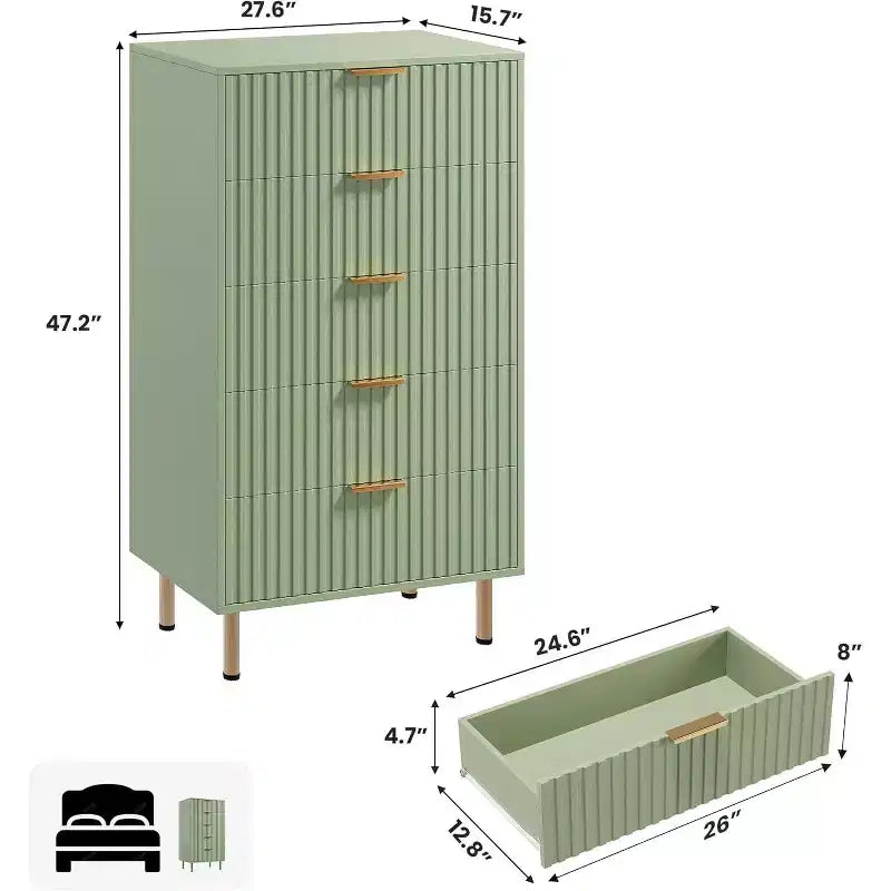 Commode de rangement à 5 tiroirs cannelés, haute, moderne, avec de grands tiroirs profonds et un plateau large, organisateur en bois pour le salon, le couloir et la chambre d'enfant