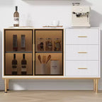 Buffet de Rangement avec Lumière LED, Meuble de Cuisine avec 3 Tiroirs Cannelés et Portes en Verre, Buffet d'Appoint avec Rangement
