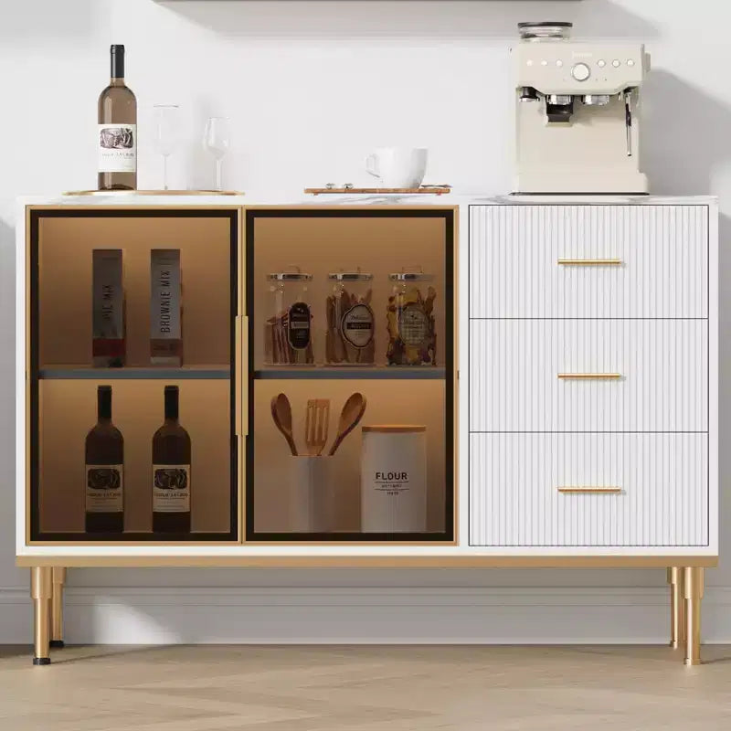 Buffet de Rangement avec Lumière LED, Meuble de Cuisine avec 3 Tiroirs Cannelés et Portes en Verre, Buffet d'Appoint avec Rangement