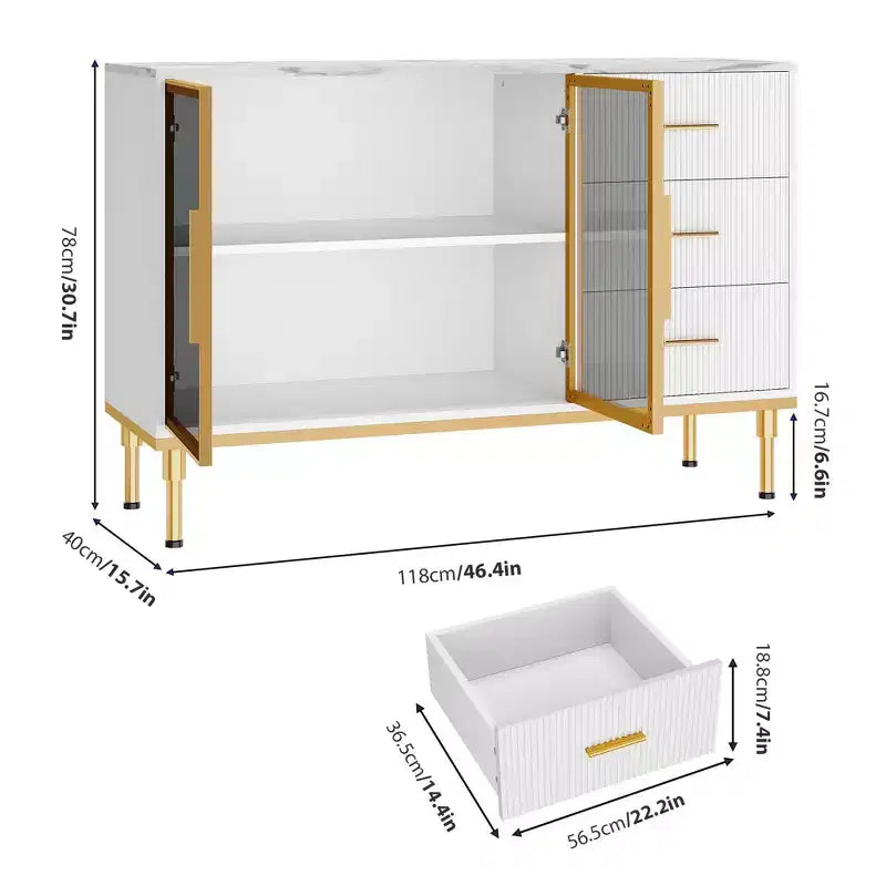 Buffet de Rangement avec Lumière LED, Meuble de Cuisine avec 3 Tiroirs Cannelés et Portes en Verre, Buffet d'Appoint avec Rangement