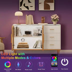 Buffet de Rangement avec Lumière LED, Meuble de Cuisine avec 3 Tiroirs Cannelés et Portes en Verre, Buffet d'Appoint avec Rangement