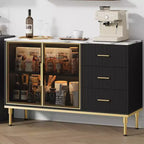 Buffet de Rangement avec Lumière LED, Meuble de Cuisine avec 3 Tiroirs Cannelés et Portes en Verre, Buffet d'Appoint avec Rangement