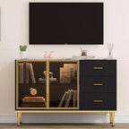 Buffet de Rangement avec Lumière LED, Meuble de Cuisine avec 3 Tiroirs Cannelés et Portes en Verre, Buffet d'Appoint avec Rangement