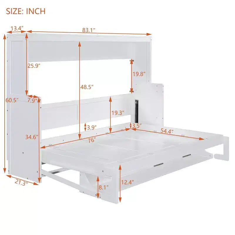 Lit escamotable mural Full/Queen avec vérin hydraulique, lit mural pliant en bois avec bureau pour chambre d'amis ou bureau