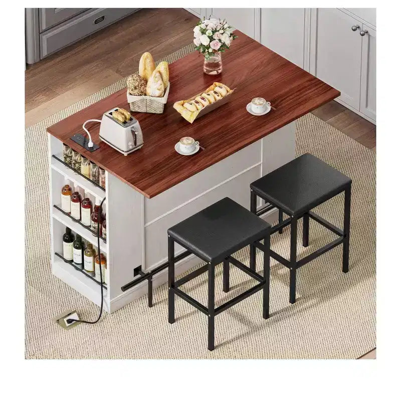 Îlot de cuisine avec abattant, 2 tabourets de bar, 119 cm, îlot portable avec prises de courant, rangement et sièges pour chariot de cuisine, marron