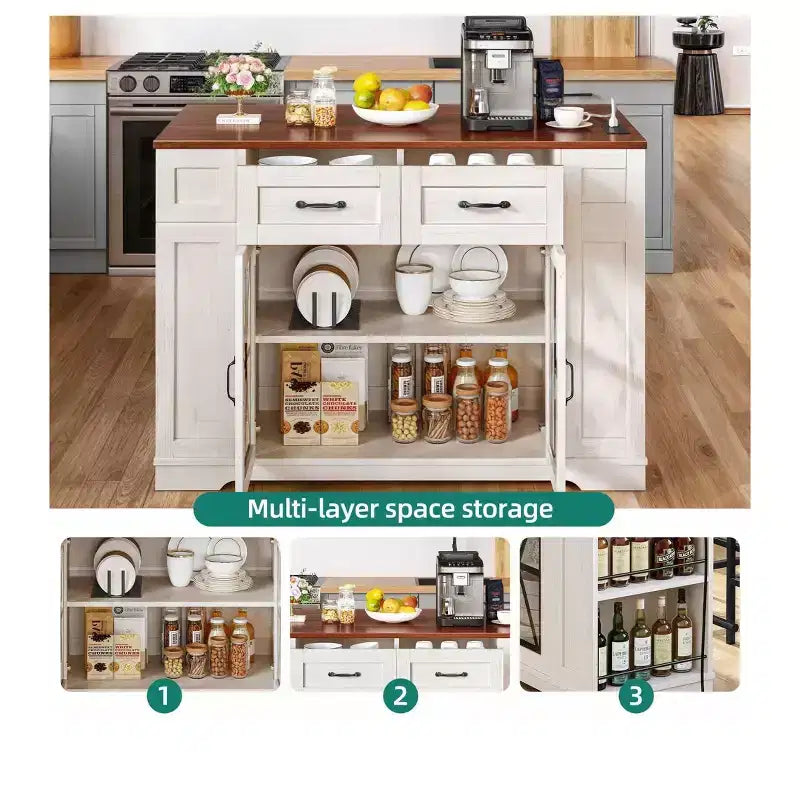 Îlot de cuisine avec abattant, 2 tabourets de bar, 119 cm, îlot portable avec prises de courant, rangement et sièges pour chariot de cuisine, marron