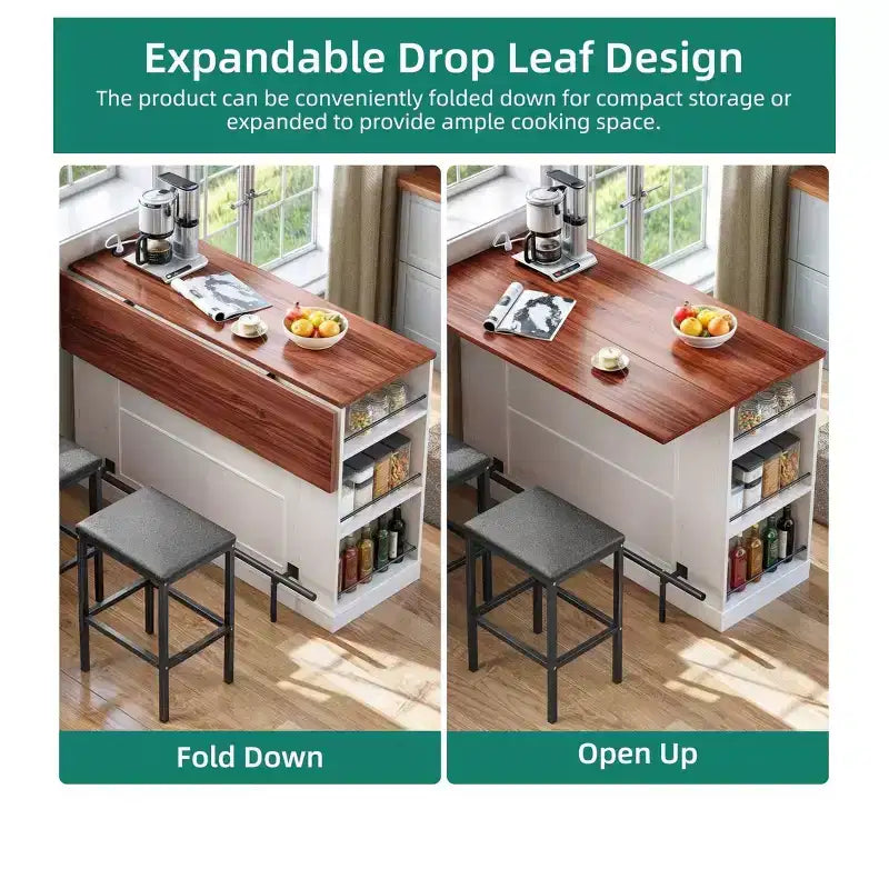 Îlot de cuisine avec abattant, 2 tabourets de bar, 119 cm, îlot portable avec prises de courant, rangement et sièges pour chariot de cuisine, marron