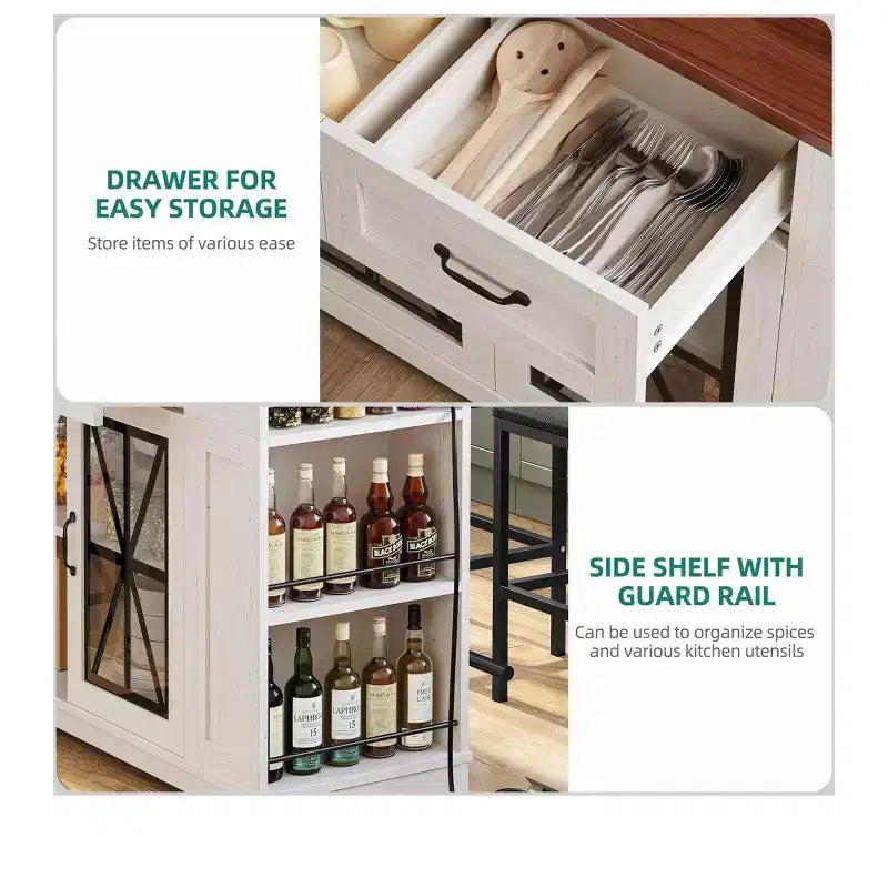 Îlot de cuisine avec abattant, 2 tabourets de bar, 119 cm, îlot portable avec prises de courant, rangement et sièges pour chariot de cuisine, marron