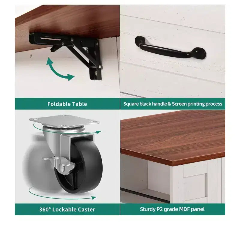Îlot de cuisine avec abattant, 2 tabourets de bar, 119 cm, îlot portable avec prises de courant, rangement et sièges pour chariot de cuisine, marron