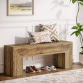 Lantine 7'' Wooden Entryway Bench, Farmhouse Entry Bench Seat, Indoor End of Bed Bench for Living Room, Bedroom, Hallway, Easy Assembly, Oak Brown