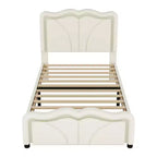 Lit double/grand rembourré avec tête de lit incurvée et réglable en hauteur, cadre de lit en PU avec bande lumineuse LED