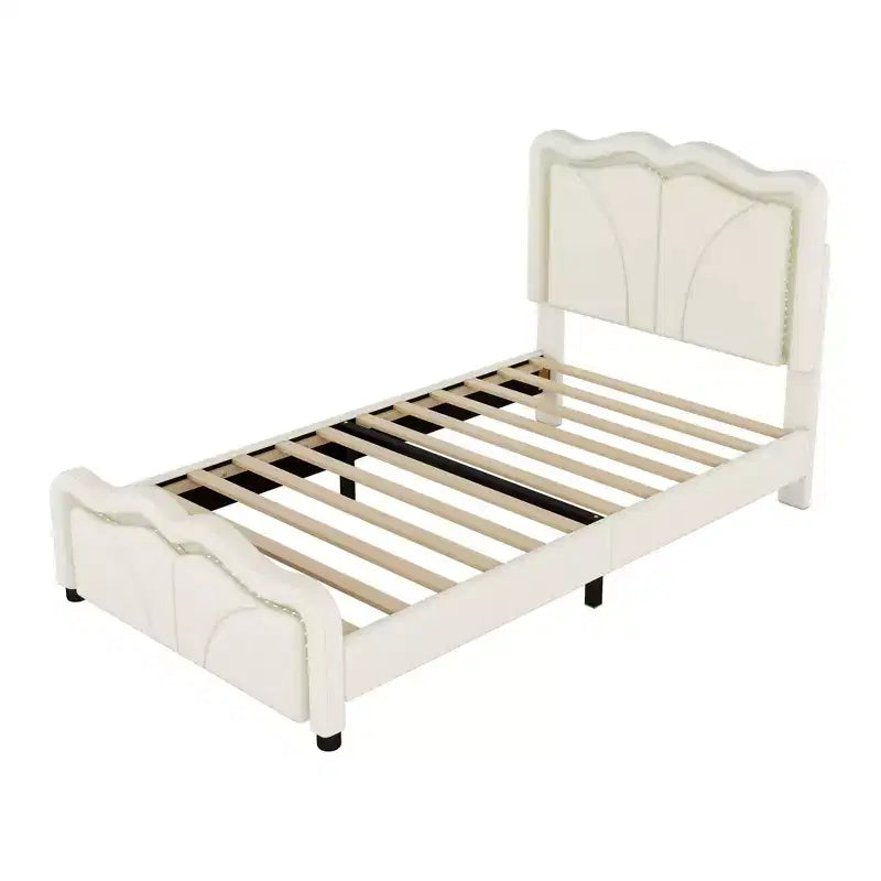 Lit double/grand rembourré avec tête de lit incurvée et réglable en hauteur, cadre de lit en PU avec bande lumineuse LED