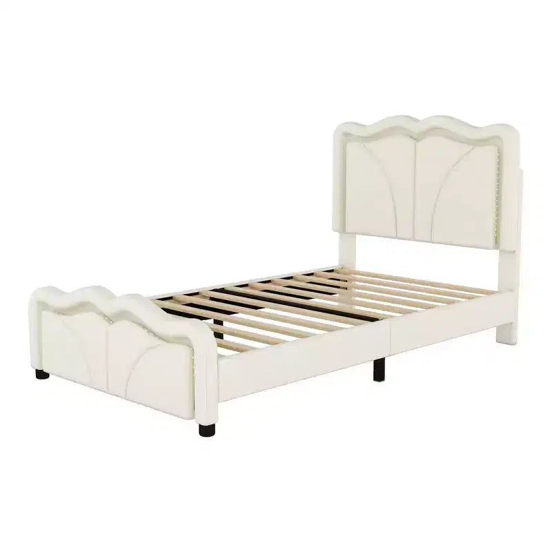 Lit double/grand rembourré avec tête de lit incurvée et réglable en hauteur, cadre de lit en PU avec bande lumineuse LED