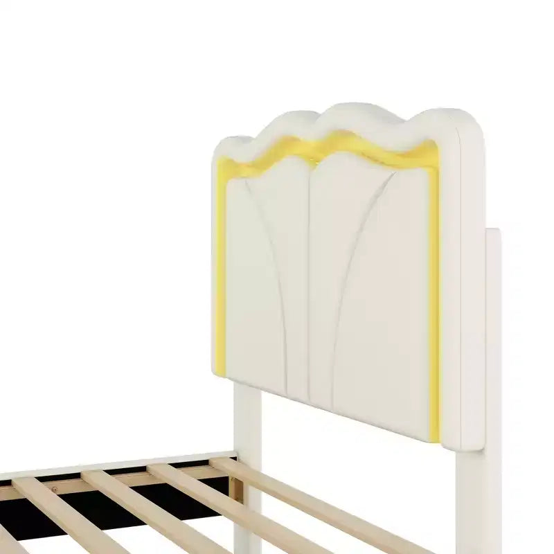 Lit double/grand rembourré avec tête de lit incurvée et réglable en hauteur, cadre de lit en PU avec bande lumineuse LED