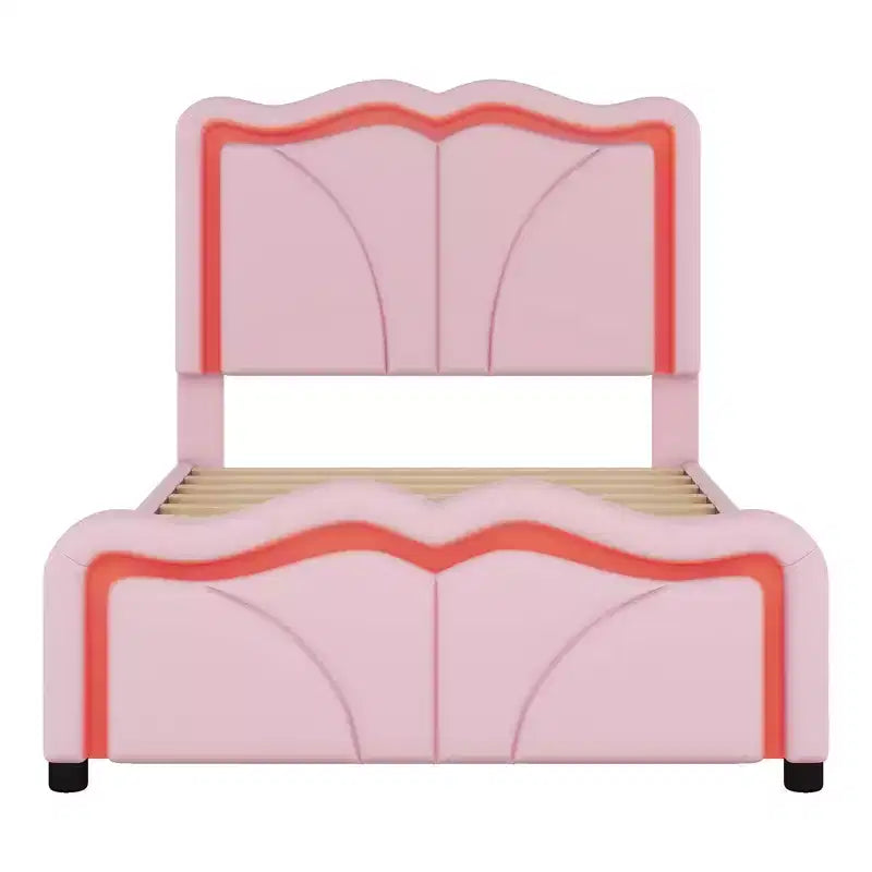 Lit double/grand rembourré avec tête de lit incurvée et réglable en hauteur, cadre de lit en PU avec bande lumineuse LED
