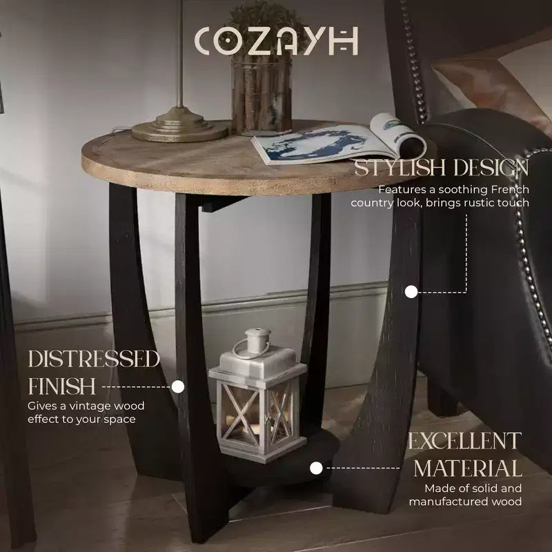 COZAYH Table d'appoint ronde rustique, étagère de rangement pour salon, lot de 2