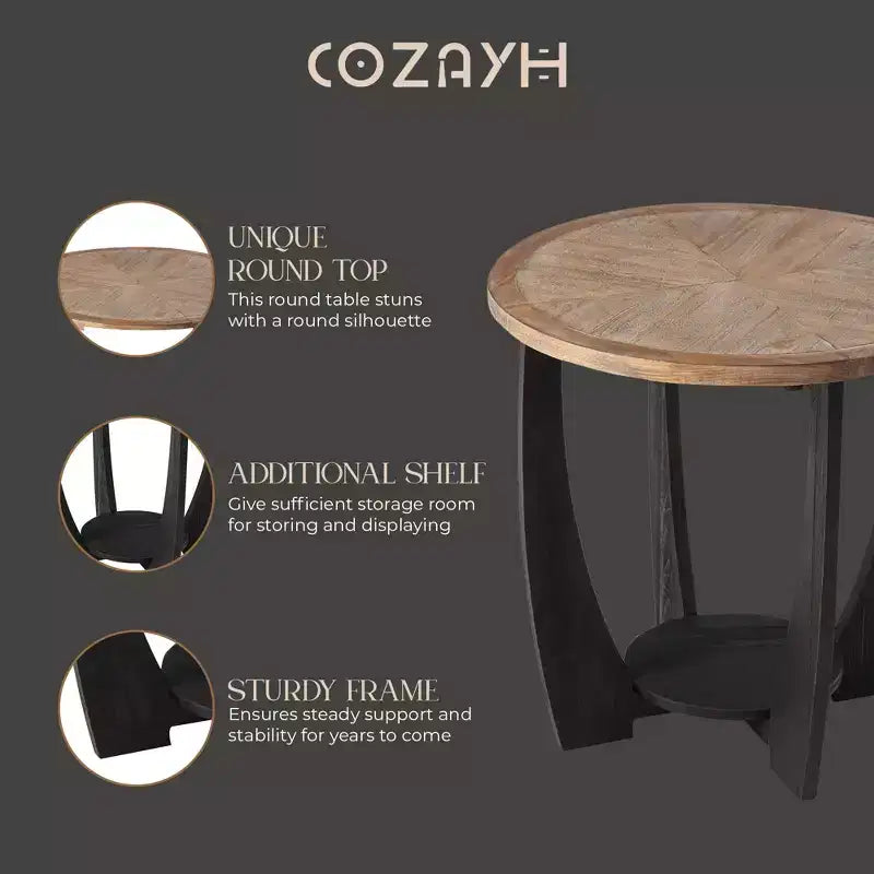 COZAYH Table d'appoint ronde rustique, étagère de rangement pour salon, lot de 2
