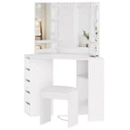 Meuble-lavabo d'angle avec miroir lumineux triple, doté d'une station de recharge, de 5 tiroirs rotatifs et d'un banc de rangement – parfait pour la chambre.