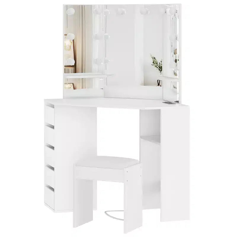 Meuble-lavabo d'angle avec miroir lumineux triple, doté d'une station de recharge, de 5 tiroirs rotatifs et d'un banc de rangement – parfait pour la chambre.