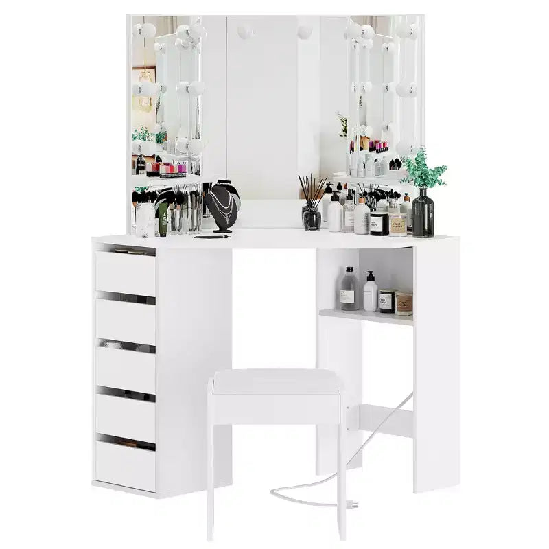 Meuble-lavabo d'angle avec miroir lumineux triple, doté d'une station de recharge, de 5 tiroirs rotatifs et d'un banc de rangement – parfait pour la chambre.