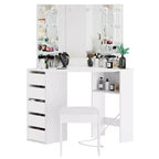 Meuble-lavabo d'angle avec miroir lumineux triple, doté d'une station de recharge, de 5 tiroirs rotatifs et d'un banc de rangement – parfait pour la chambre.