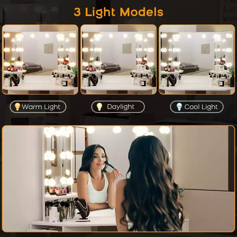 Meuble-lavabo d'angle avec miroir lumineux triple, doté d'une station de recharge, de 5 tiroirs rotatifs et d'un banc de rangement – parfait pour la chambre.
