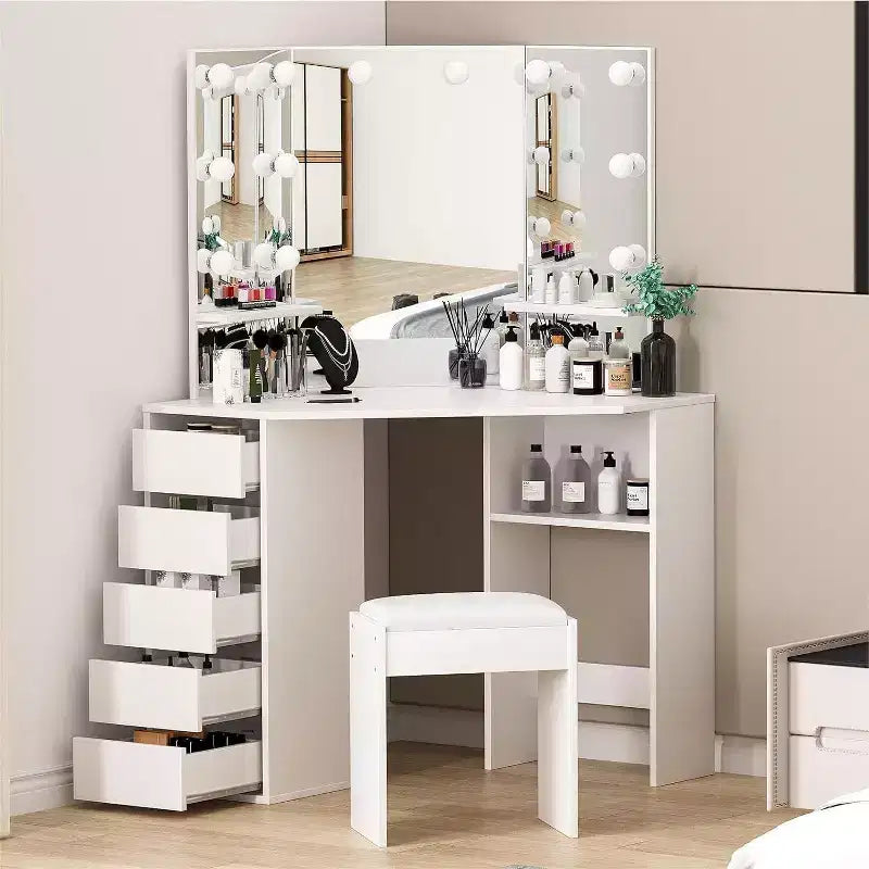 Meuble-lavabo d'angle avec miroir lumineux triple, doté d'une station de recharge, de 5 tiroirs rotatifs et d'un banc de rangement – parfait pour la chambre.