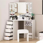 Meuble-lavabo d'angle avec miroir lumineux triple, doté d'une station de recharge, de 5 tiroirs rotatifs et d'un banc de rangement – parfait pour la chambre.