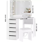 Meuble-lavabo d'angle avec miroir lumineux triple, doté d'une station de recharge, de 5 tiroirs rotatifs et d'un banc de rangement – parfait pour la chambre.