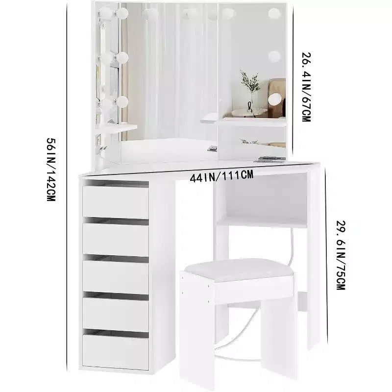 Meuble-lavabo d'angle avec miroir lumineux triple, doté d'une station de recharge, de 5 tiroirs rotatifs et d'un banc de rangement – parfait pour la chambre.