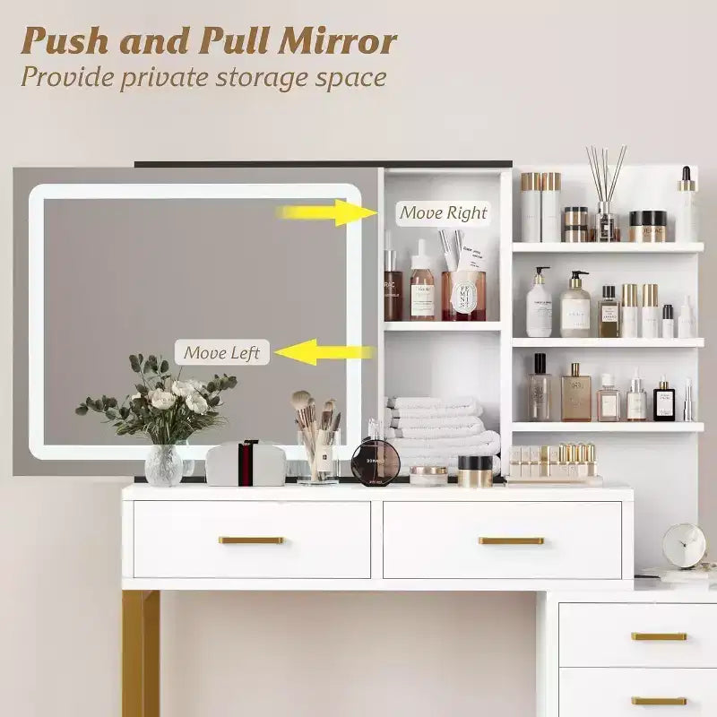 Coiffeuse avec miroir et lumière, Table de maquillage coulissante avec miroir éclairé, 3 modes d'éclairage, 5 grands tiroirs, Convient aux chambres à coucher
