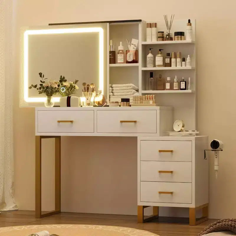 Coiffeuse avec miroir et lumière, Table de maquillage coulissante avec miroir éclairé, 3 modes d'éclairage, 5 grands tiroirs, Convient aux chambres à coucher