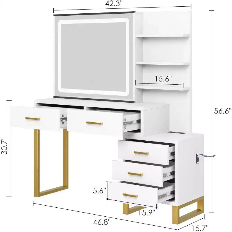 Coiffeuse avec miroir et lumière, Table de maquillage coulissante avec miroir éclairé, 3 modes d'éclairage, 5 grands tiroirs, Convient aux chambres à coucher