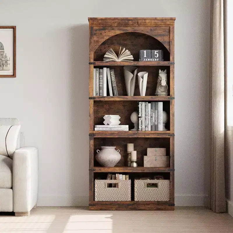 Étagère arquée 5 niveaux style ferme, bibliothèque en bois de 174,5 cm de haut, étagère de rangement incurvée pour salon, bureau, chambre et décoration d'étude